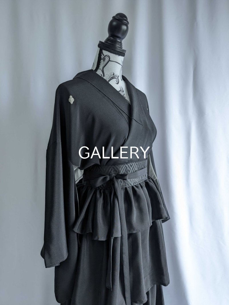 画像32: 【違い鷹の羽紋】黒紋付フリルティアードラップスカートセットアップ (32)