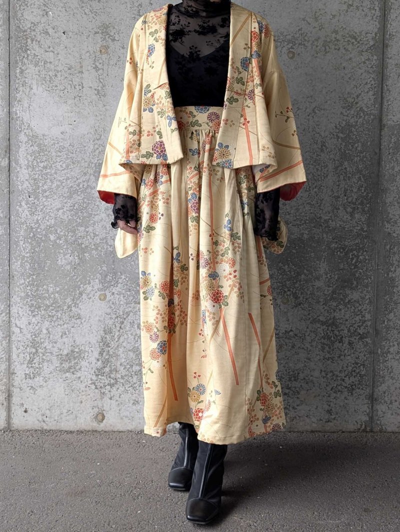 画像1: 【菊×萩】砥粉色小紋スカートセットアップ (1)