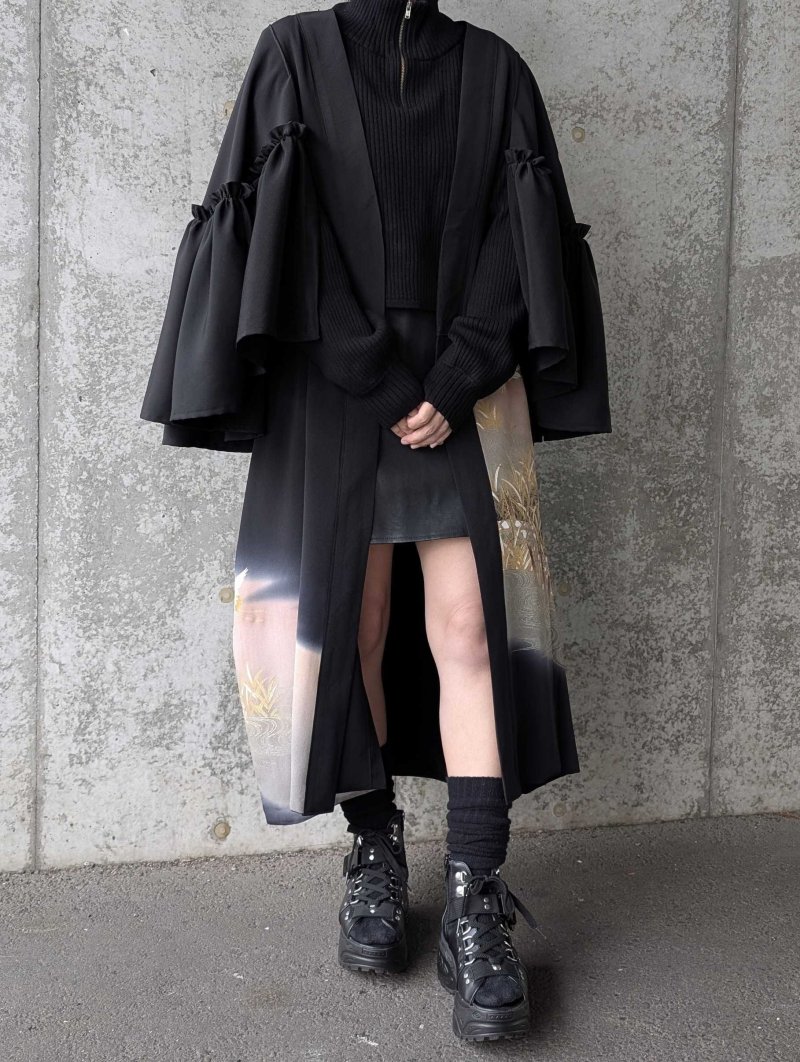 画像3: 【流水×飛鶴】黒留袖フリルケープスリーブカーディガンコート (3)