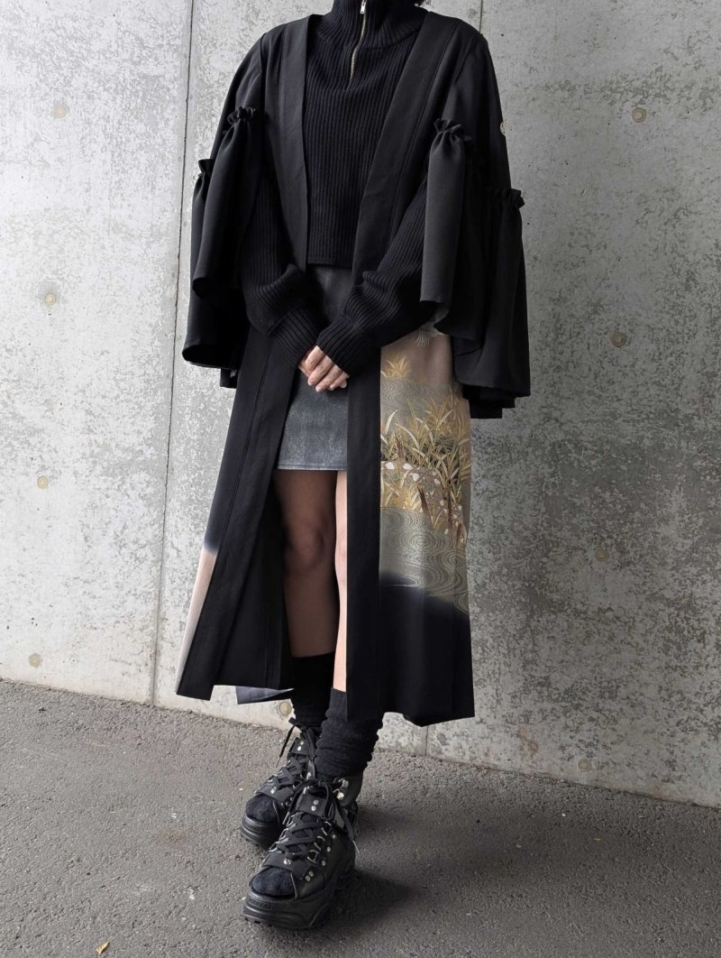 画像4: 【流水×飛鶴】黒留袖フリルケープスリーブカーディガンコート (4)