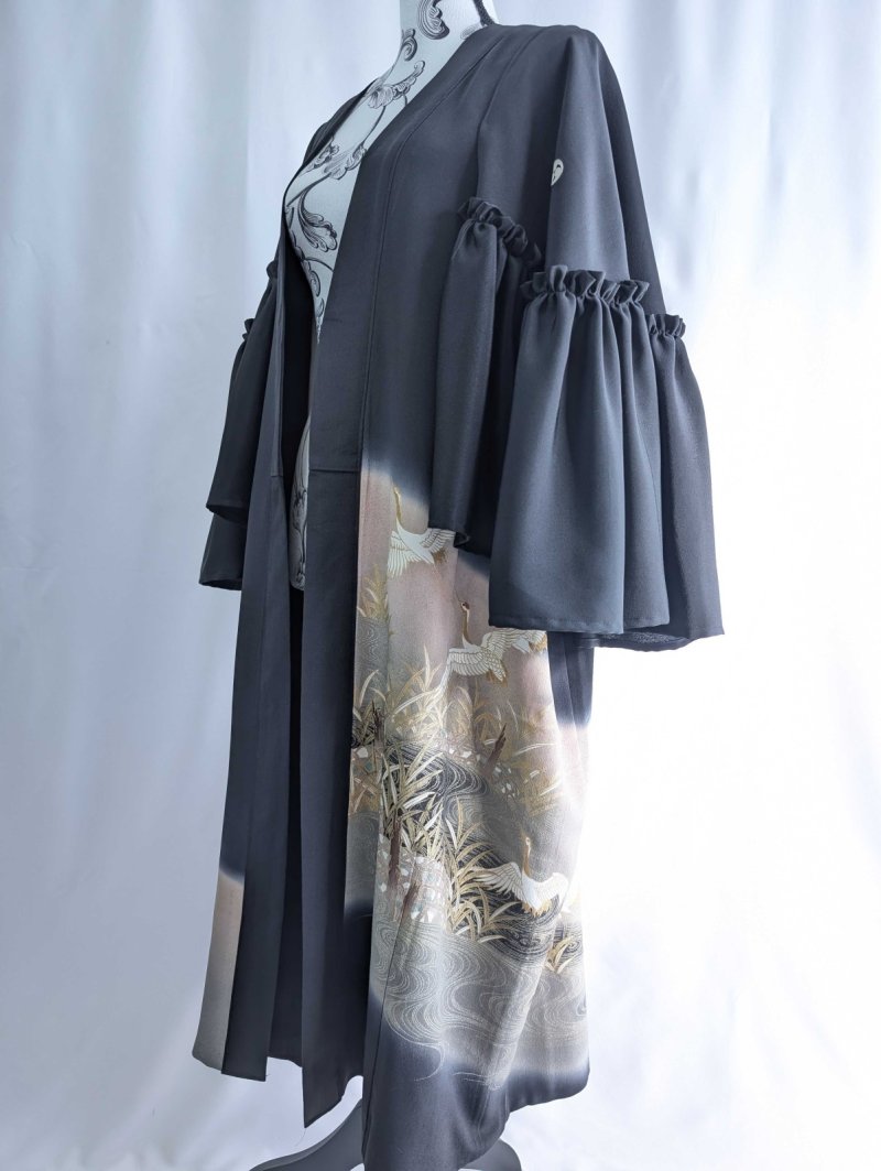 画像14: 【流水×飛鶴】黒留袖フリルケープスリーブカーディガンコート (14)