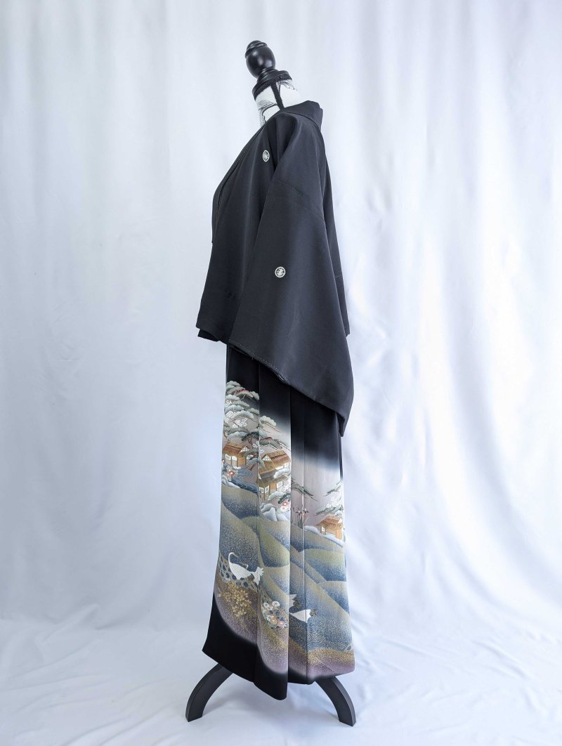 画像21: 【飛鶴風景画】落款付き黒留袖オーバースカートセットアップ (21)