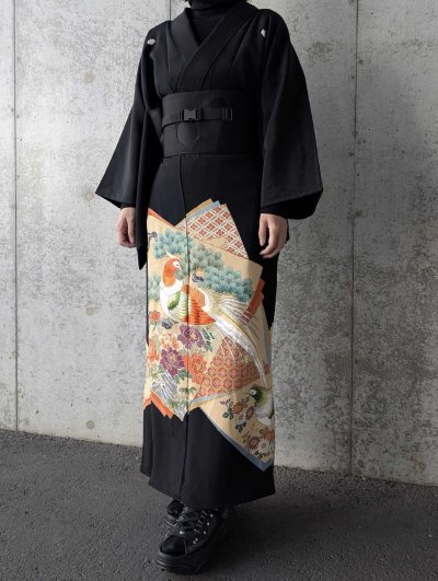 画像1: 【牡丹×刺繍鳳凰】黒留袖ラップスカートセットアップ