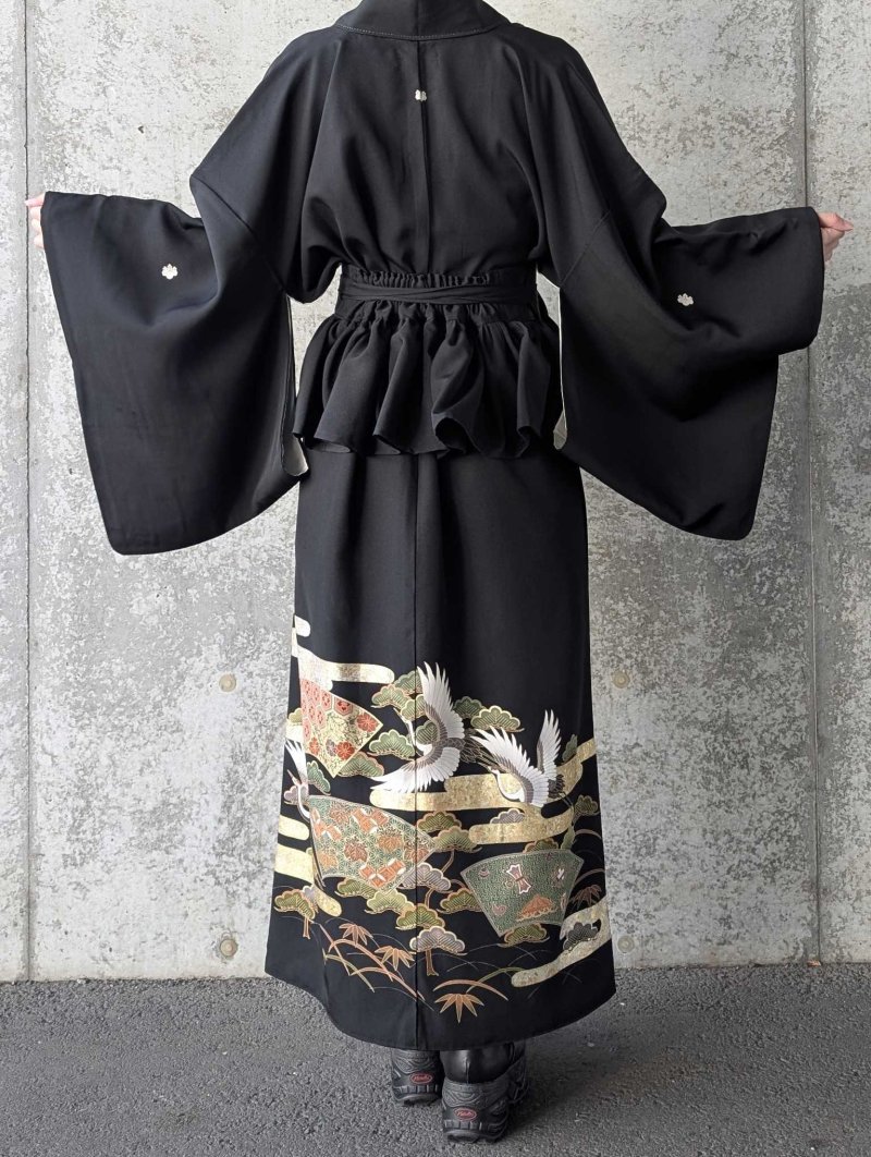 画像6: 【金彩吉祥松鶴】黒留袖フリルラップスカートセットアップ (6)