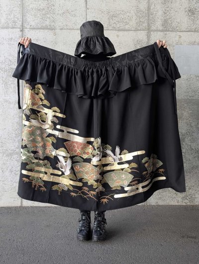 画像2: 【金彩吉祥松鶴】黒留袖フリルラップスカートセットアップ
