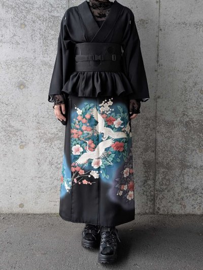 画像1: 【飛鶴×椿】黒留袖フリルラップスカートセットアップ