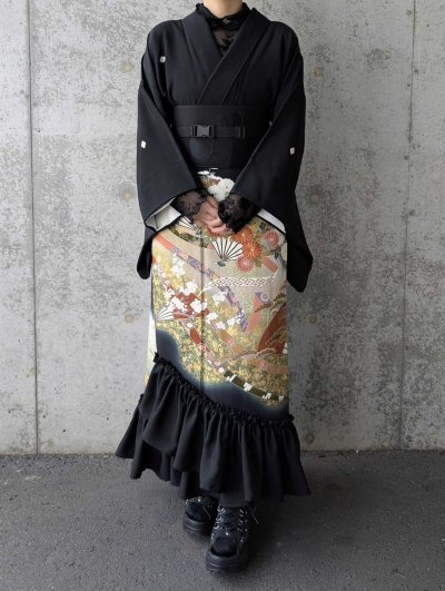 画像1: 【扇に金駒草花】黒留袖マーメイドラップスカートセットアップ