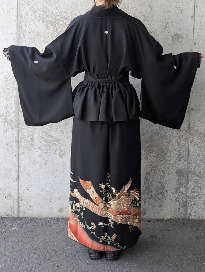 画像6: 【鳳凰×唐花】黒留袖フリルラップスカートセットアップ (6)